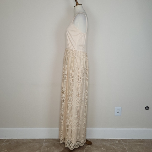 Vintage Tan Polyester Lace Long Maxi Dress w/Sheer Chiffon/Lace Capelet - 12/L - Picture 10 of 14
